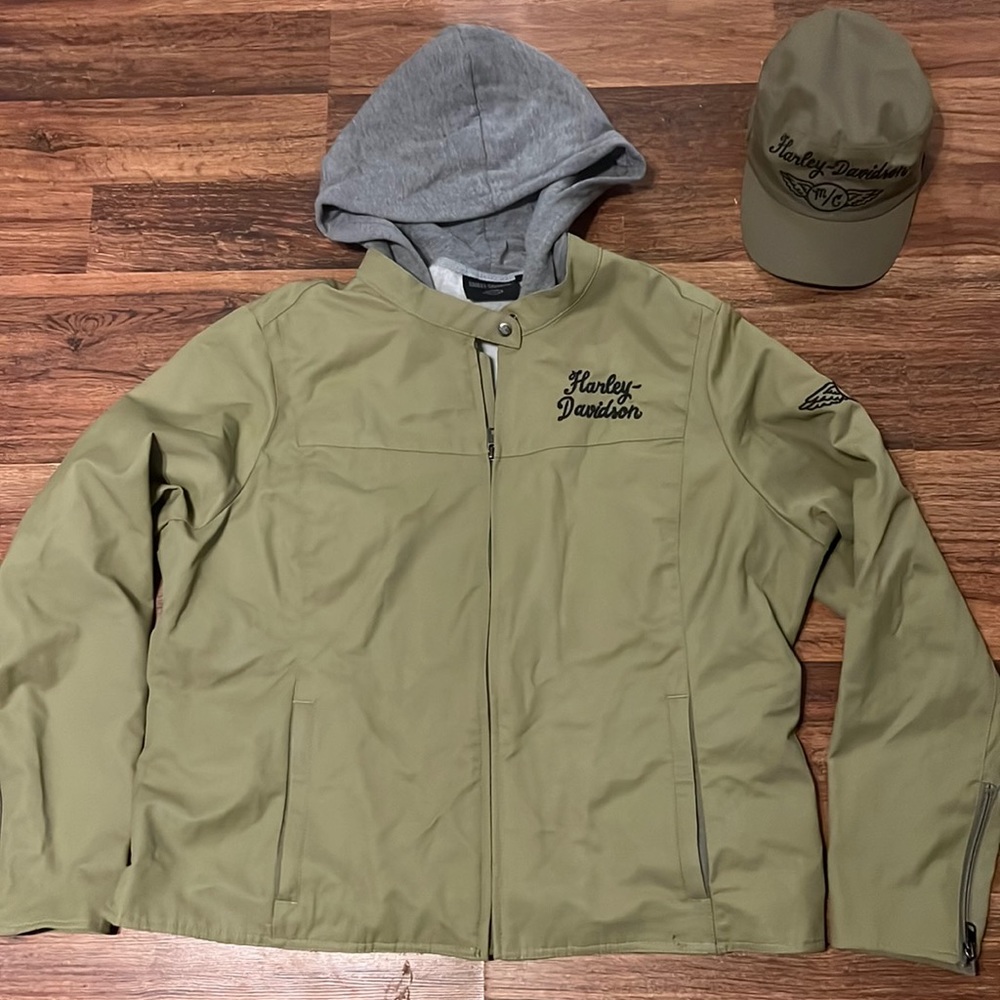 Harley Davidson Coat Jacket Sz XL Like New Army Vintage Style with Matching Cap